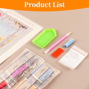 May include: A diamond painting kit with various tools and materials. The kit includes a canvas, a green tray, a pink stylus, an orange adhesive, a blue grip, and small bags of colorful diamond beads. The words "Product List" are at the top.
