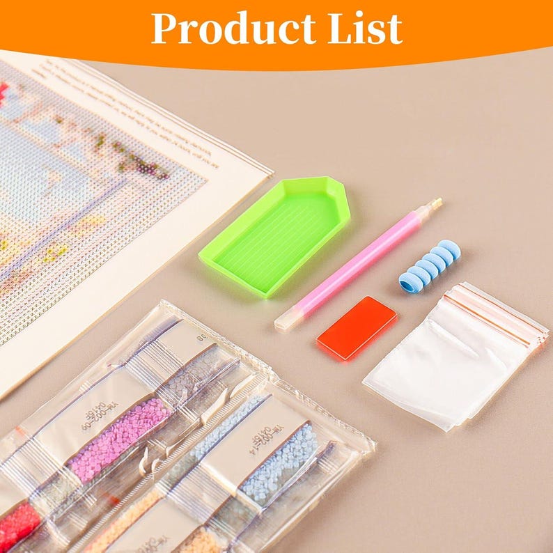 May include: A diamond painting kit with various tools and materials. The kit includes a canvas, a green tray, a pink stylus, an orange adhesive, a blue grip, and small bags of colorful diamond beads. The words "Product List" are at the top.