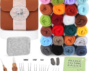 Beginner Needle Felting Kit, 24 Colors Wool Roving, DIY Craft Tools, Felt Animal Supplies