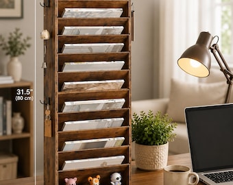 Wooden wall-mounted file rack, 10-tiered storage box, magazine rack with hooks
