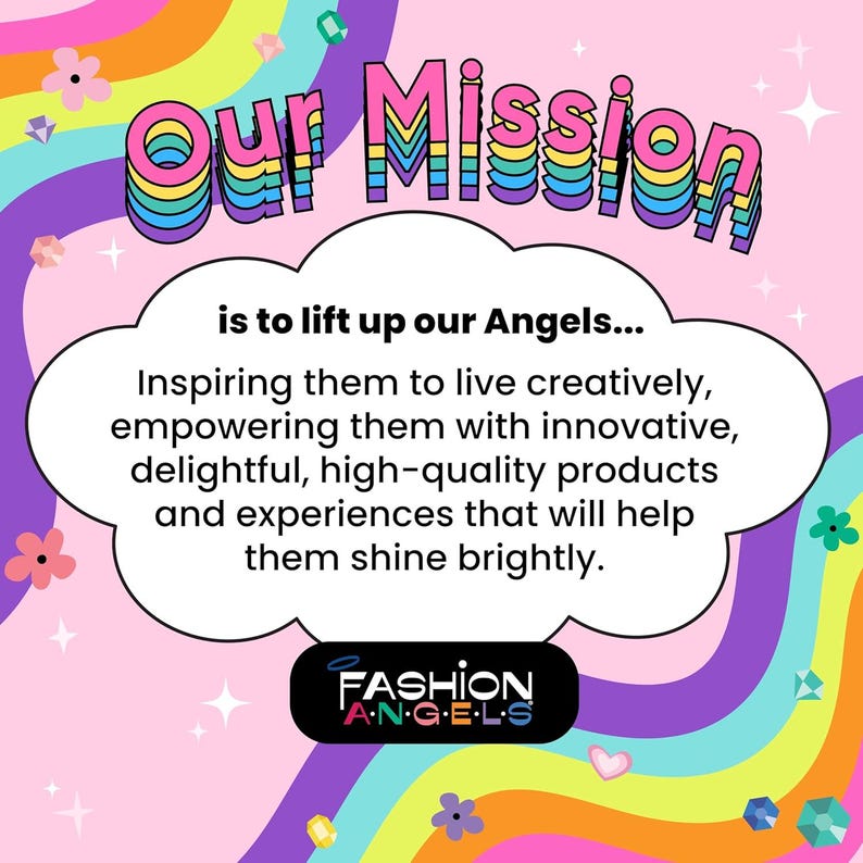 Puede incluir: Gr&aacute;fico colorido con el texto "Our Mission" en arco&iacute;ris. El texto de abajo describe la misi&oacute;n de la empresa, seguido del logo de Fashion Angels. El fondo presenta un dise&ntilde;o de arco&iacute;ris y flores.