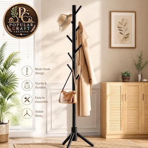 May include: A black vertical coat rack with multiple angled hooks for hanging items. The rack features a central pole supported by a tripod base. Text on the image includes: Multi-Hook Design, Sturdy & Durable, Easy to Assemble, Stable Base.