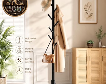 Adjustable Height Wooden Coat Rack – Freestanding Coat Tree with 8 Hooks