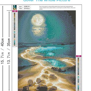 May include: Diamond painting kit featuring a moonlit seascape. The image is composed of small, multi-faceted diamonds, creating a shimmering effect. The dimensions are 15.7 inches by 11.8 inches (40cm x 30cm). The kit includes the item number YKPM100.