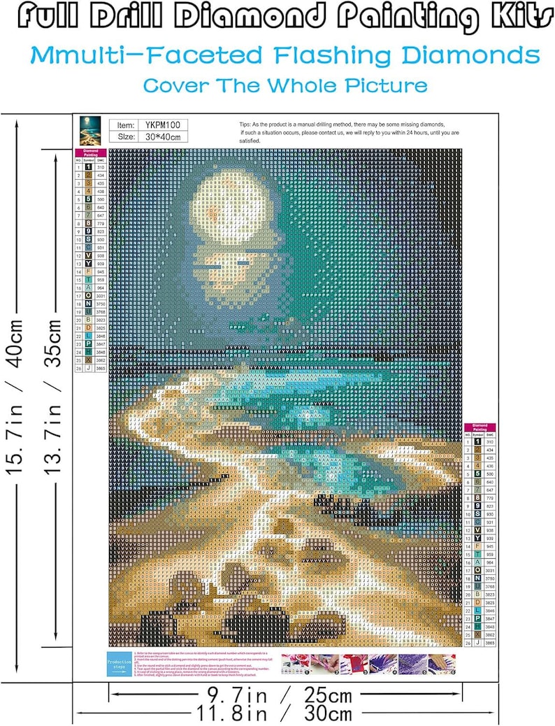 May include: Diamond painting kit featuring a moonlit seascape. The image is composed of small, multi-faceted diamonds, creating a shimmering effect. The dimensions are 15.7 inches by 11.8 inches (40cm x 30cm). The kit includes the item number YKPM100.