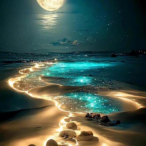 May include: A digital art image of a moonlit beach scene. A full, bright moon illuminates the night sky, reflecting on the water. The water glows with turquoise and gold light, creating a magical atmosphere.
