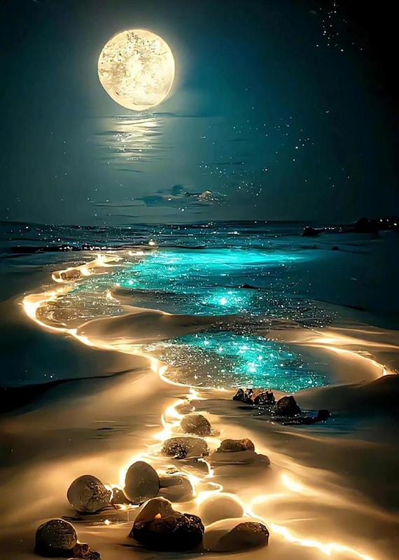 Moonlight Beach Diamond Painting Kit: 5D DIY Seaside Art, 12x16 Inch