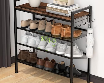 Handmade 4-Tier Shoe Rack: Wooden Top, Metal Frame & Hooks