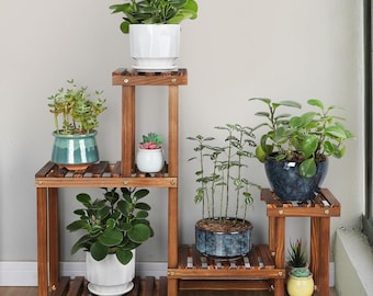 4 Tiers Solid Pine Wood Multi-Tier Plant Stand: Indoor Outdoor Flower Shelf Rack