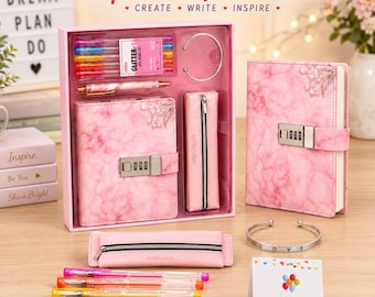 Girls Diary Set with Combination Lock, Gel Pens, Bracelet, Ages 8-12