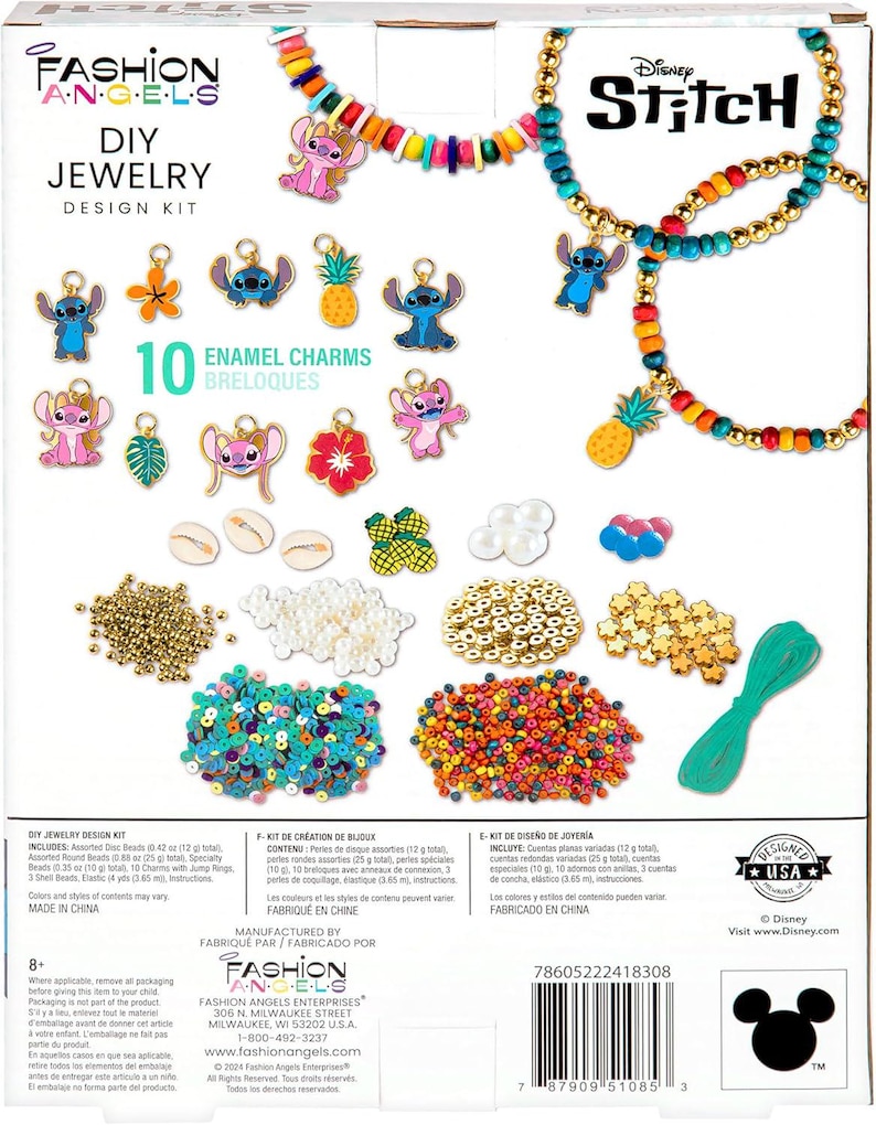 Puede incluir: Kit de dise&ntilde;o de joyer&iacute;a DIY con Stitch de Disney. El kit incluye cuentas coloridas, dijes de esmalte y cord&oacute;n el&aacute;stico. Los dijes incluyen a Stitch, pi&ntilde;as y flores. Dise&ntilde;ado en EE. UU. y adecuado para mayores de 8 a&ntilde;os.