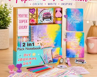 100+ PCS DIY Journal Kit for Teen Girls, Aesthetic Scrapbook and Stationery Set with 2 Spiral Notebooks, Stickers, Glitter Pens & Washi Tape