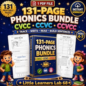 May include: A 131-page phonics bundle PDF file featuring CVCC, CCVC, and CCVCC word worksheets. The cover displays the title 131-PAGE PHONICS BUNDLE with illustrations of a boy and girl, educational icons, and sample pages for tracing, writing, and reading.