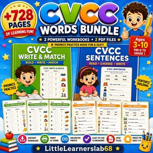 728+ page CVCC Words Bundle for kids featuring 2 printable PDF workbooks with CVCC Write & Match and CVCC Sentences activities. Includes phonics practice, word building, writing, matching, reading, and sentence-building worksheets for ages 3–10 by LittleLearnerslab68.