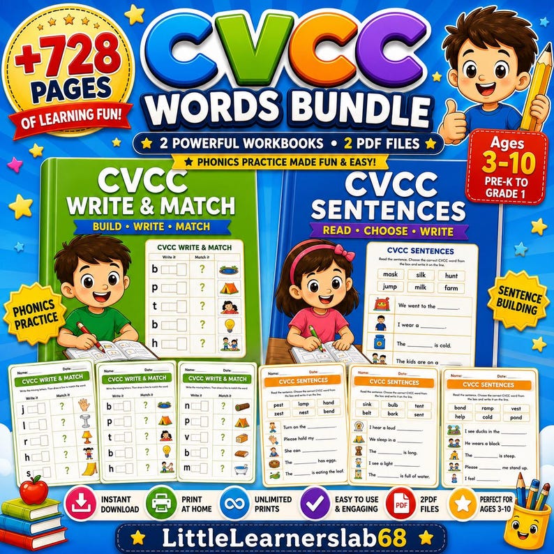 728+ page CVCC Words Bundle for kids featuring 2 printable PDF workbooks with CVCC Write & Match and CVCC Sentences activities. Includes phonics practice, word building, writing, matching, reading, and sentence-building worksheets for ages 3–10 by LittleLearnerslab68.