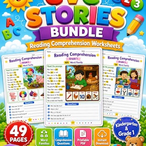 CVC Word Family Stories: 49 Reading Comprehension Worksheets for Kindergarten and First Grade PDF