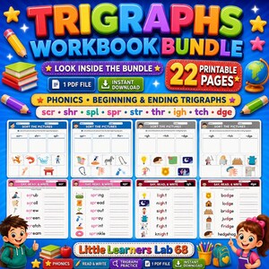 Colorful 22-page trigraphs workbook bundle featuring eight printable phonics worksheet previews for beginning and ending trigraphs, including picture sorting and read-and-write activities.