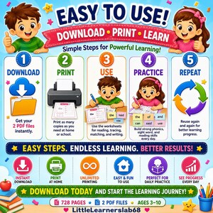 Easy-to-use 728-page printable learning bundle for kids ages 3–10, featuring 2 PDF files with simple steps: download, print, use, practice, and repeat. Includes phonics, sight words, reading, tracing, matching, and writing activities for home or school learning by LittleLearnerslab68.