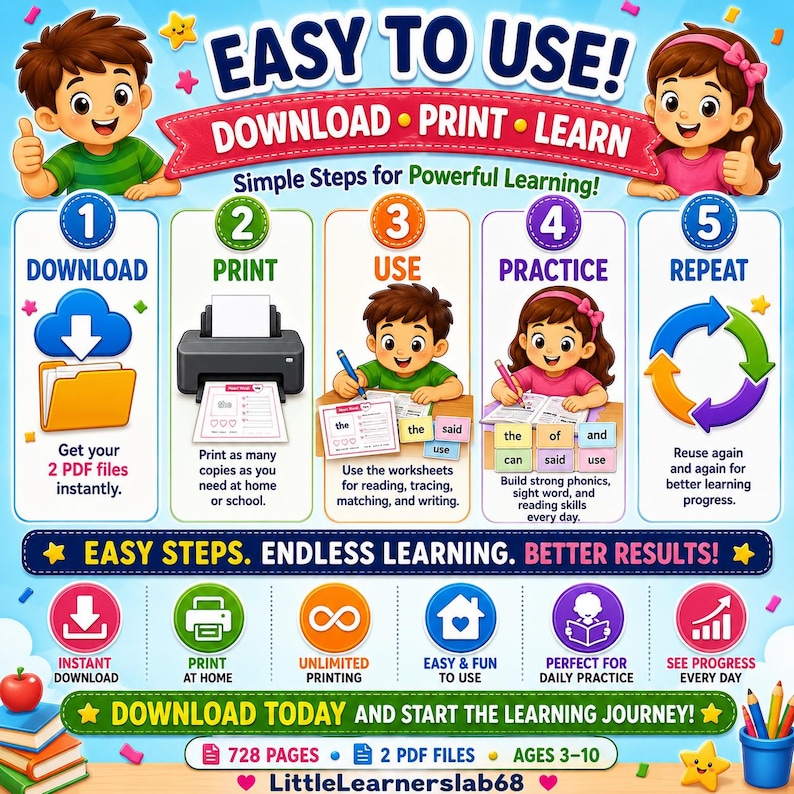 Easy-to-use 728-page printable learning bundle for kids ages 3–10, featuring 2 PDF files with simple steps: download, print, use, practice, and repeat. Includes phonics, sight words, reading, tracing, matching, and writing activities for home or school learning by LittleLearnerslab68.