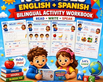 English Spanish Bilingual Workbook for Kids, 100 Printable Language Worksheets PDF