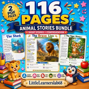 Könnte beinhalten: Ein digitales Bildungsbündel mit 116 Seiten Tiergeschichten und Verständnisfragen. Die Grafik zeigt drei Geschichtenblätter mit den Titeln The Shark, The Brave Lion und The Tiger Story sowie Illustrationen von Zeichentricktieren.
