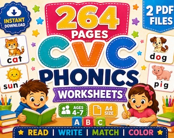 CVC Word Worksheets, 264-Page Phonics and Short Vowel Activities for Kindergarten Reading, Printable PDF
