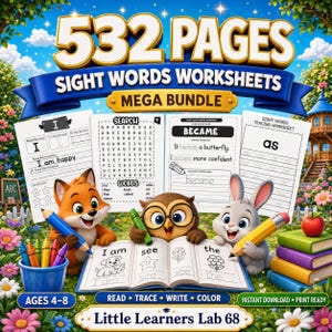 Sight Words Bundle, 532+ Printable Worksheets for Kindergarten Reading, Writing, Tracing and Word Search