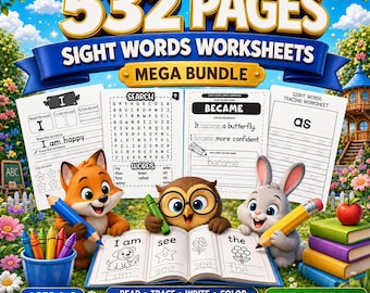 Sight Words Bundle, 532+ Printable Worksheets for Kindergarten Reading, Writing, Tracing and Word Search
