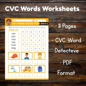 Op de afbeelding: Een CVC Words Worksheets educatief werkblad met een CVC Word Detective activiteit, inclusief een woordenlijst, een letterrooster en zes geïllustreerde vakken met een pet, een persoon, een pot, een kraan, een bus en een rugzak in PDF-formaat.