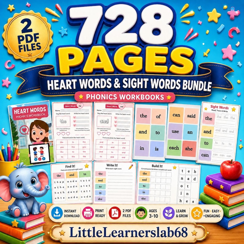 728-page Heart Words and Sight Words phonics workbook bundle for kids, featuring 2 printable PDF files with tracing, writing, finding, matching, and word-building activities. Designed for ages 4–7, with instant download and print-ready educational worksheets by LittleLearnerslab68.