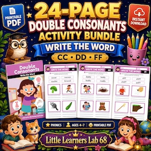 May include: A 24-page printable PDF activity bundle for teaching double consonants, featuring worksheets with words like soccer, daddy, and cliff. The cover shows a cartoon girl, an owl, and a pencil holder, with text including Little Learners Lab 68.