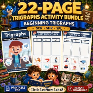 22-page beginning trigraphs activity bundle featuring SCR, SHR and SPL picture-sorting worksheets, printable phonics PDF, cheerful children and instant digital download.