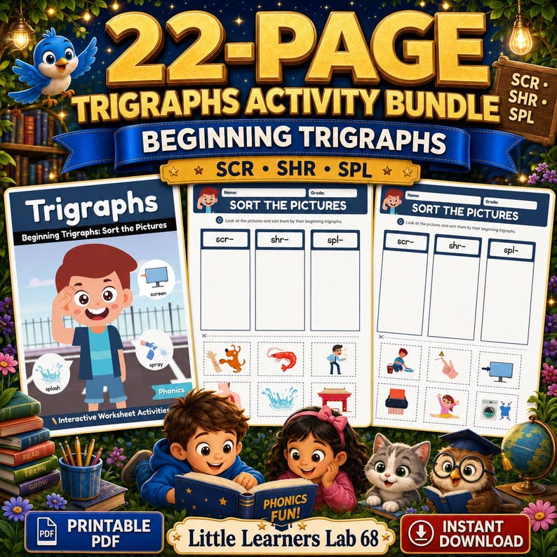 22-page beginning trigraphs activity bundle featuring SCR, SHR and SPL picture-sorting worksheets, printable phonics PDF, cheerful children and instant digital download.