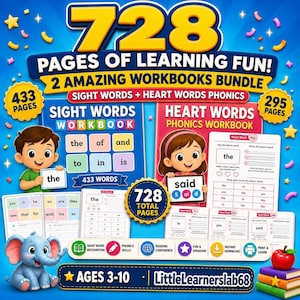 728-page Sight Words and Heart Words Phonics Workbook Bundle for kids, featuring 2 printable workbooks with 433 Sight Words pages and 295 Heart Words pages. Includes word recognition, phonics, reading, writing, and tracing activities for ages 3–10, with instant download and print-ready worksheets by LittleLearnerslab68.