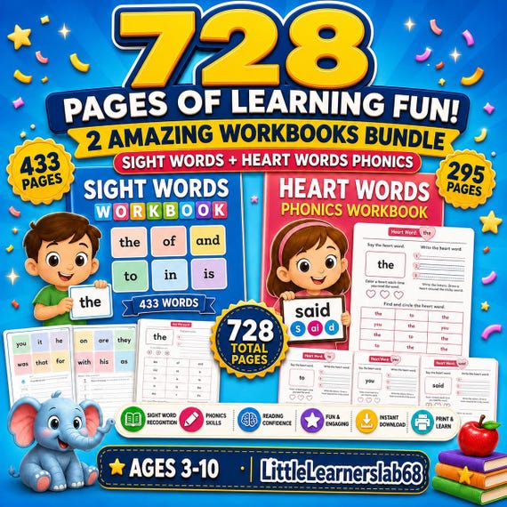 Kindergarten Phonics Worksheets Bundle,CVC, CVCC & Sight Word Practice PDF