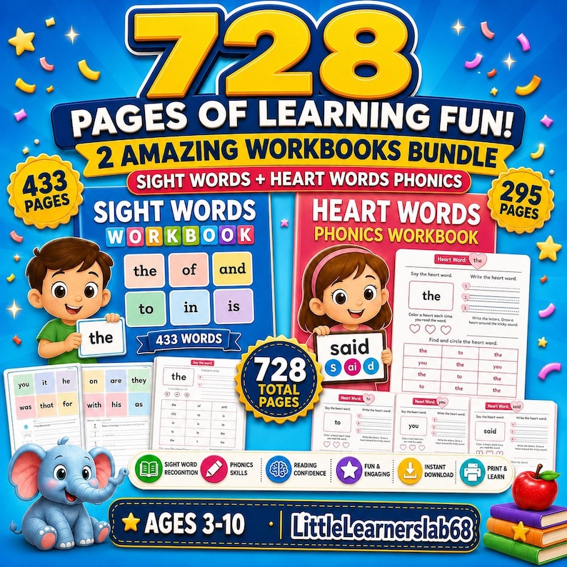 728-page Sight Words and Heart Words Phonics Workbook Bundle for kids, featuring 2 printable workbooks with 433 Sight Words pages and 295 Heart Words pages. Includes word recognition, phonics, reading, writing, and tracing activities for ages 3–10, with instant download and print-ready worksheets by LittleLearnerslab68.