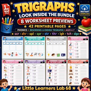 Colorful trigraphs phonics bundle featuring eight worksheet previews for beginning and ending trigraphs, including picture sorting and read-and-write activities for ages 4–7.