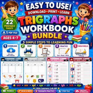 Colorful 22-page trigraphs workbook bundle for ages 4–7, featuring beginning and ending trigraph worksheets, picture sorting, read-and-write practice, and five easy download-to-learning steps.