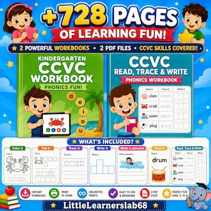 728+ page CCVC phonics workbook bundle for kids ages 3–10, featuring 2 printable PDF files with kindergarten CCVC activities including coloring, tapping, tracing, writing, sentence practice, reading, and read-trace-write worksheets by LittleLearnerslab68.