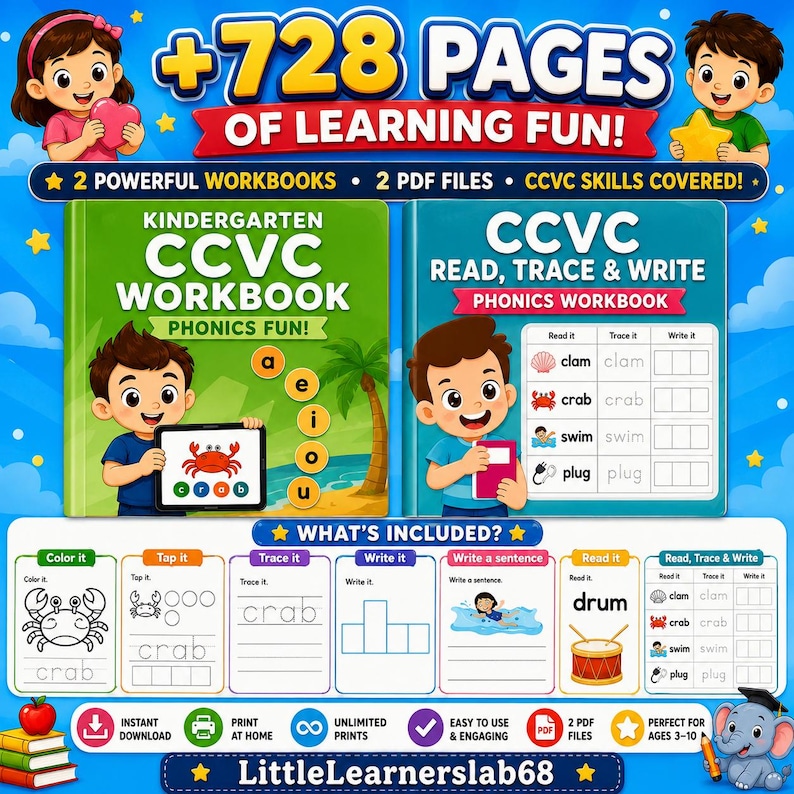 728+ page CCVC phonics workbook bundle for kids ages 3–10, featuring 2 printable PDF files with kindergarten CCVC activities including coloring, tapping, tracing, writing, sentence practice, reading, and read-trace-write worksheets by LittleLearnerslab68.