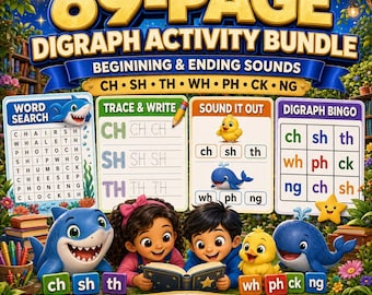 Consonant Digraph Worksheets Bundle | 69-Page Beginning and Ending Sounds | Kindergarten Phonics Printable PDF