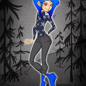 May include: Illustration of a character with blue hair, wearing a dark blue sweater with white stars, grey trousers, and bright blue boots. The background features silhouetted trees against a grey backdrop.