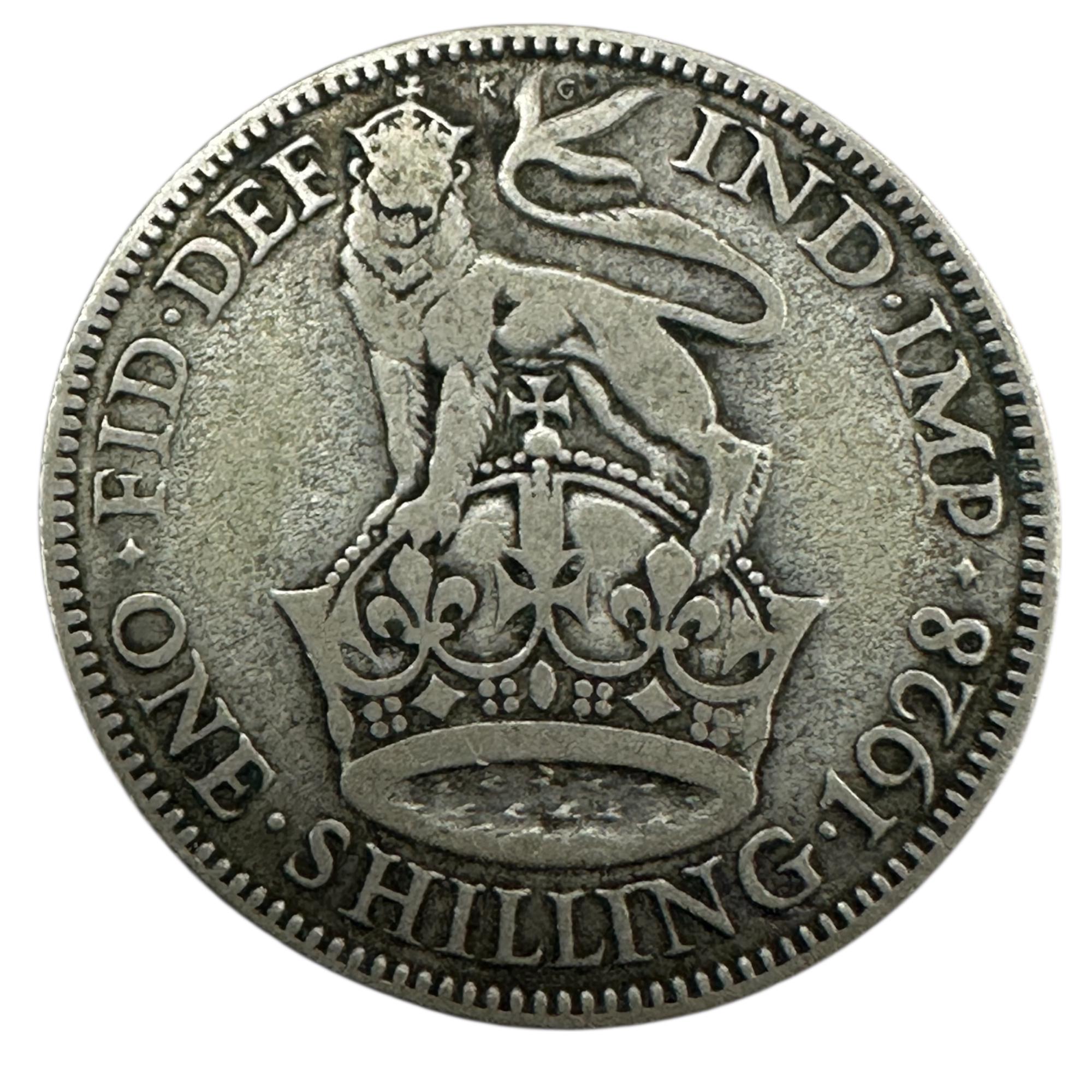 1928 King George V Silver Shilling Coin (1/-) Lion on Crown Reverse ...