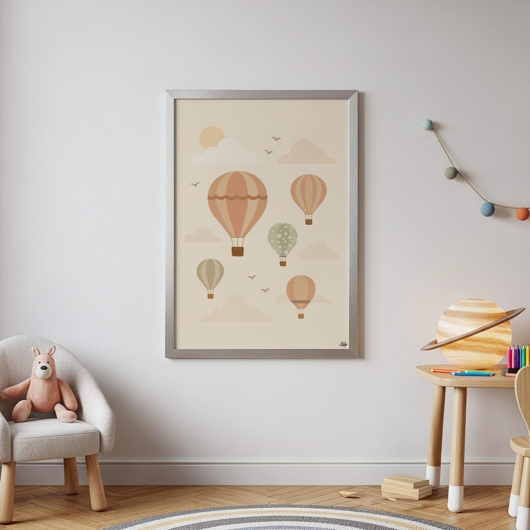Neutral Hot Air Balloon Nursery Print: Boho Kids Room Decor (digital ...