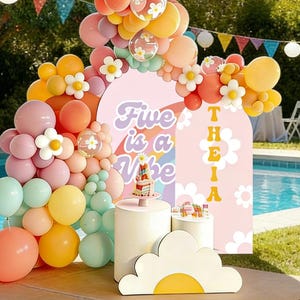 Personalized 'Five is a Vibe' Birthday Arch Cover | Pastel Rainbow Daisy Backdrop