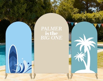 Custom Beach Tropical Backdrop Arch Cove Surfboard Palm Tree Decor for Birthday Parties Personalized Text Party Photo Booth Backdrop