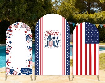 May include: Three arched Independence Day decorations. The left one has patriotic graphics and text. The center one says "Happy 4th of July". The right one is the American flag. All are white with red, white, and blue accents.