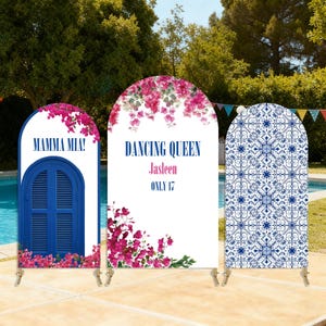 May include: Three arched backdrop covers featuring printed designs. The left panel shows a blue shuttered window with pink bougainvillea and the text MAMMA MIA!. The center panel features pink bougainvillea, DANCING QUEEN, Jasleen, and ONLY 17. The right panel has a blue and white tile pattern.