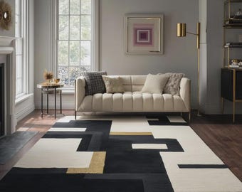 Modern Black, White & Gold Geometric Area Rug