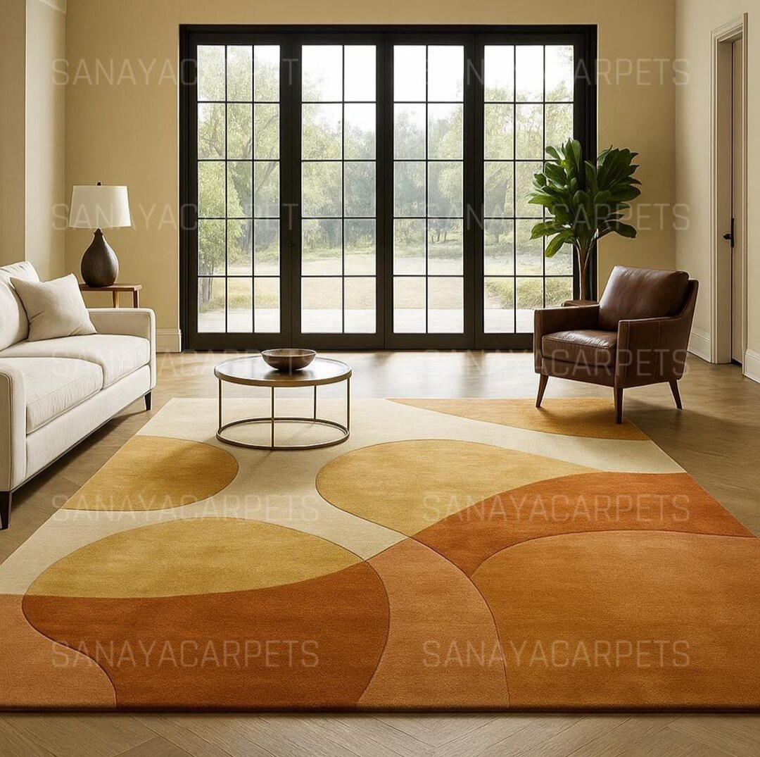 Modern Earth Tone Area Rug – Retro Geometric Orange Beige Carpet - Etsy